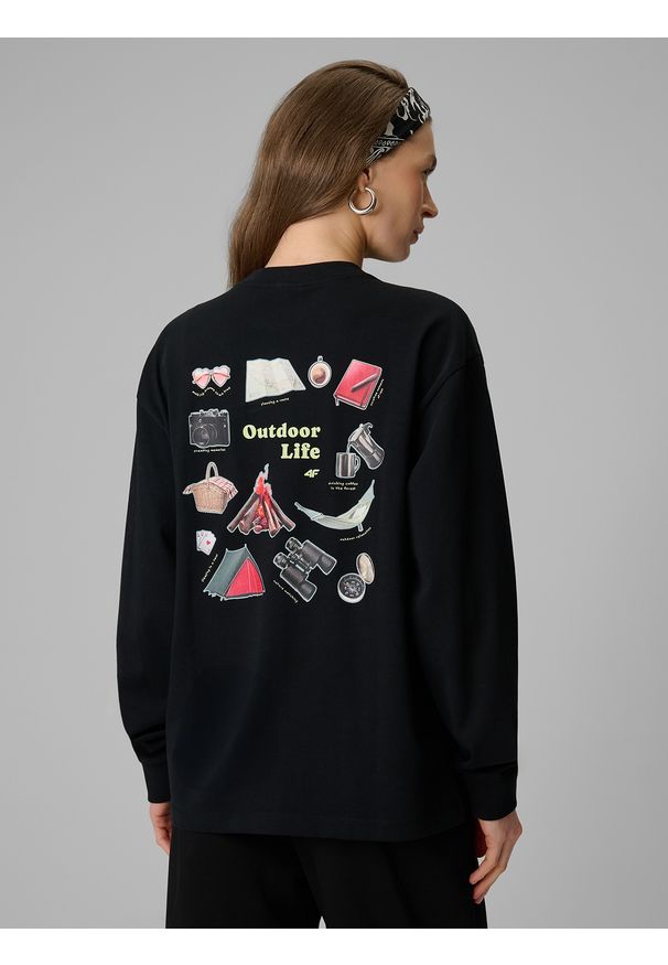 4f - 4F Longsleeve regular z nadrukiem damski - czarny M. Okazja: na co dzień. Kolor: czarny. Materiał: materiał, bawełna, skóra, dzianina. Długość rękawa: długi rękaw. Długość: krótkie. Wzór: nadruk. Styl: klasyczny, casual