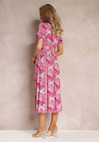 Renee - Fuksjowa Wiskozowa Sukienka Midi z Krótkimi Rękawami i Głębokim Dekoltem Emsle. Kolor: różowy. Materiał: wiskoza. Długość rękawa: krótki rękaw. Długość: midi #5