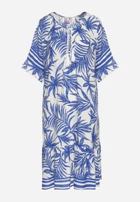 Born2be - Niebieska Sukienka o Pudełkowym Kroju z Wiązaniem przy Dekolcie w Roślinny Wzór Mirionela. Kolor: niebieski. Długość rękawa: krótki rękaw #3