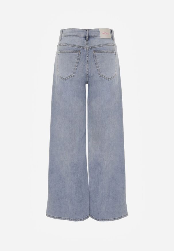 Born2be - Niebieskie Szerokie Jeansy z Ozdobnym Boho Nadrukiem na Nogawkach Asoochis. Okazja: na co dzień. Kolor: niebieski. Wzór: nadruk. Sezon: lato. Styl: boho