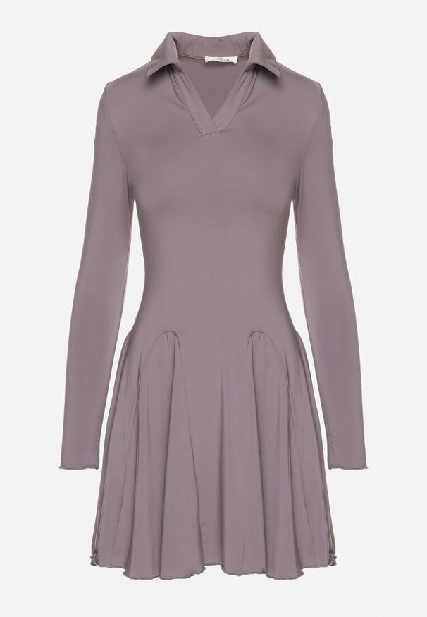 Born2be - Szara Rozkloszowana Sukienka z Wiskozą Ozdobiona Kołnierzykiem Mirettia. Okazja: na co dzień. Kolor: szary. Materiał: wiskoza. Wzór: aplikacja. Typ sukienki: proste, rozkloszowane. Styl: casual