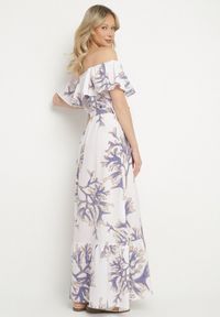 Born2be - Niebiesko-Biała Sukienka Hiszpanka o Rozkloszowanym Kroju z Wiązanym Paskiem Sesiniela. Okazja: na co dzień. Typ kołnierza: dekolt hiszpanka. Kolor: niebieski. Typ sukienki: rozkloszowane. Styl: casual, elegancki #6