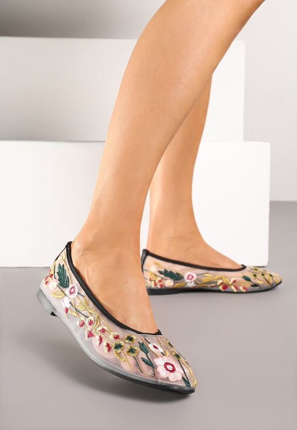 Born2be - Czarne Siateczkowe Balerinki z Kwiatowym Haftem Fevelle. Okazja: do pracy, na co dzień, na spotkanie biznesowe, na spacer. Kolor: czarny. Wzór: haft, kwiaty. Sezon: wiosna. Styl: elegancki, biznesowy, klasyczny, casual