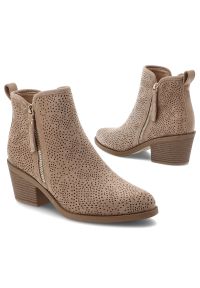 Beżowe Botki S.Barski Modne Kowbojki Damskie. Okazja: na co dzień. Zapięcie: zamek. Kolor: beżowy. Materiał: syntetyk, materiał. Obcas: na obcasie. Styl: casual, elegancki. Wysokość obcasa: średni #4