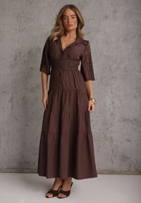 Renee - Brązowa Boho Sukienka z Wiskozą o Rozkloszowanym Kroju z Ażurowymi Wstawkami Idacea. Kolor: brązowy. Materiał: wiskoza. Wzór: ażurowy. Typ sukienki: rozkloszowane. Styl: boho. Długość: maxi #3