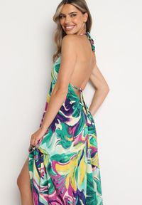 Born2be - Zielono-Fioletowa Rozkloszowana Sukienka z Wiskozy z Odcięciem pod Biustem Wiązana na Szyi i Plecach Nividia. Okazja: na co dzień. Kolor: zielony. Materiał: wiskoza. Sezon: lato. Typ sukienki: sportowe, proste. Styl: klasyczny, casual, elegancki, sportowy #6