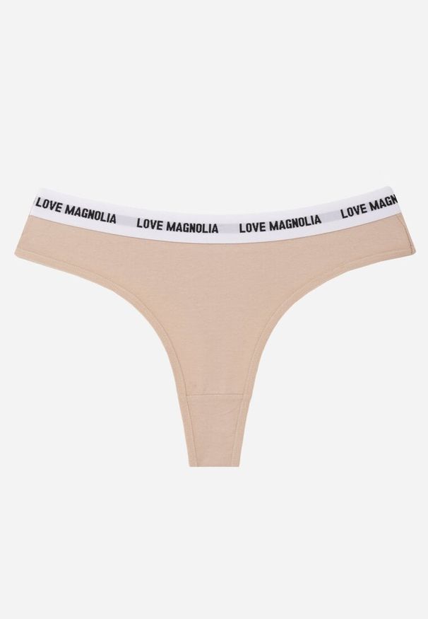 Born2be - Beżowe Majtki Typu Stringi z Bawełną i Napisami Veza. Kolor: beżowy. Materiał: bawełna. Wzór: napisy