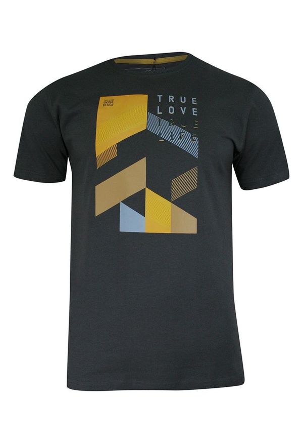 Pako Jeans - T-shirt Bawełniany, Grafitowy z Nadrukiem Geometrycznym, Męski, Krótki Rękaw, U-neck -PAKO JEANS. Okazja: na co dzień. Kolor: szary. Materiał: bawełna. Długość rękawa: krótki rękaw. Długość: krótkie. Wzór: nadruk. Styl: casual