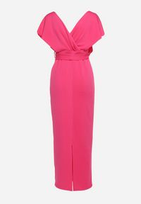 Born2be - Fuksjowa Wieczorowa Sukienka z Kopertowym Dekoltem i Rozcięciem z Materiałowym Paskiem Vorni. Okazja: na co dzień. Kolor: różowy. Materiał: materiał. Typ sukienki: kopertowe. Styl: wizytowy #7