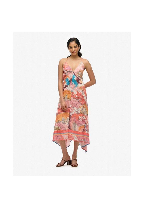 Sukienka z geometrycznym wzorem z falbany dla kobiet Superdry. Kolor: wielokolorowy, różowy, pomarańczowy. Materiał: żakard. Wzór: geometria. Typ sukienki: sportowe. Styl: elegancki, sportowy, boho