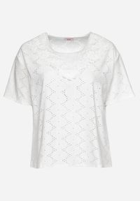 Born2be - Biały Klasyczny Ażurowy T-shirt z Krótkim Rękawem Ninnia. Okazja: na spotkanie biznesowe, na co dzień. Kolor: biały. Materiał: jeans. Długość rękawa: krótki rękaw. Długość: krótkie. Wzór: ażurowy. Styl: klasyczny #3