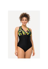 ULLA POPKEN - Damski Kostium kąpielowy cytryny miękkie miseczki makramowa wstawka. Kolekcja: plus size. Kolor: czarny. Materiał: elastan, poliamid, materiał