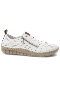 Półbuty damskie Rieker, cholewka ze skóry ekologicznej perforowana powierzchnia wiązany fason z bocznym zamkiem, białe, N2405-80. Zapięcie: zamek. Kolor: biały. Materiał: skóra ekologiczna. Szerokość cholewki: normalna #4