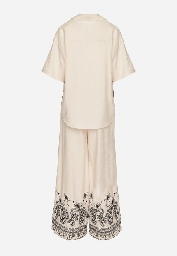 Born2be - Beżowy Komplet z Wiskozy Koszula i Szerokie Spodnie w Kwiatowy Wzór Meveria. Kolor: beżowy. Materiał: wiskoza. Wzór: kwiaty