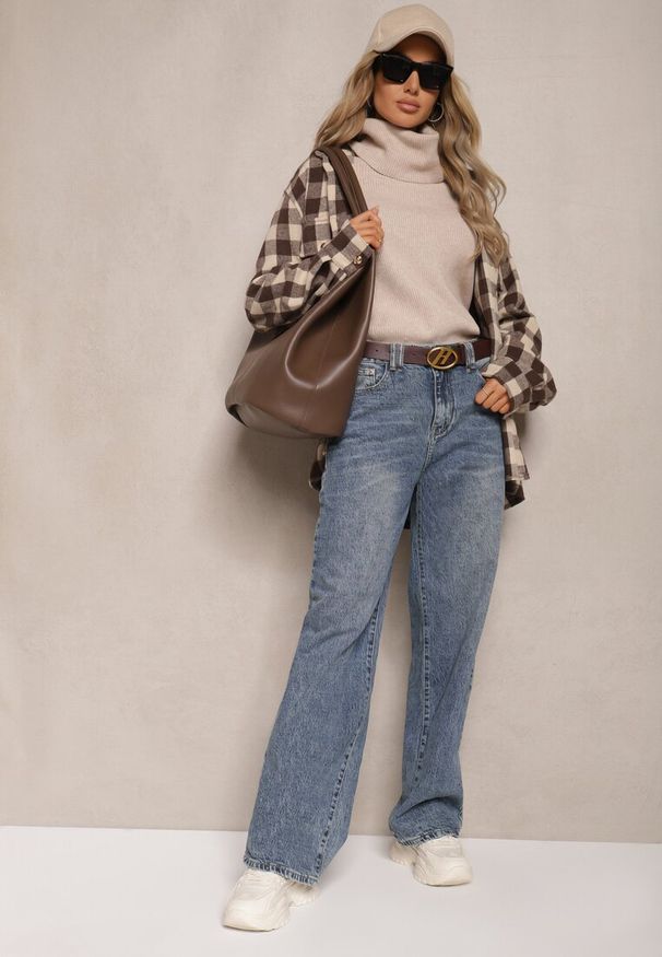 Renee - Niebieskie Jeansy z Bawełny o Prostym Kroju z Szerokimi Nogawkami i Paskiem Atteora. Okazja: na co dzień. Kolor: niebieski. Styl: elegancki, casual