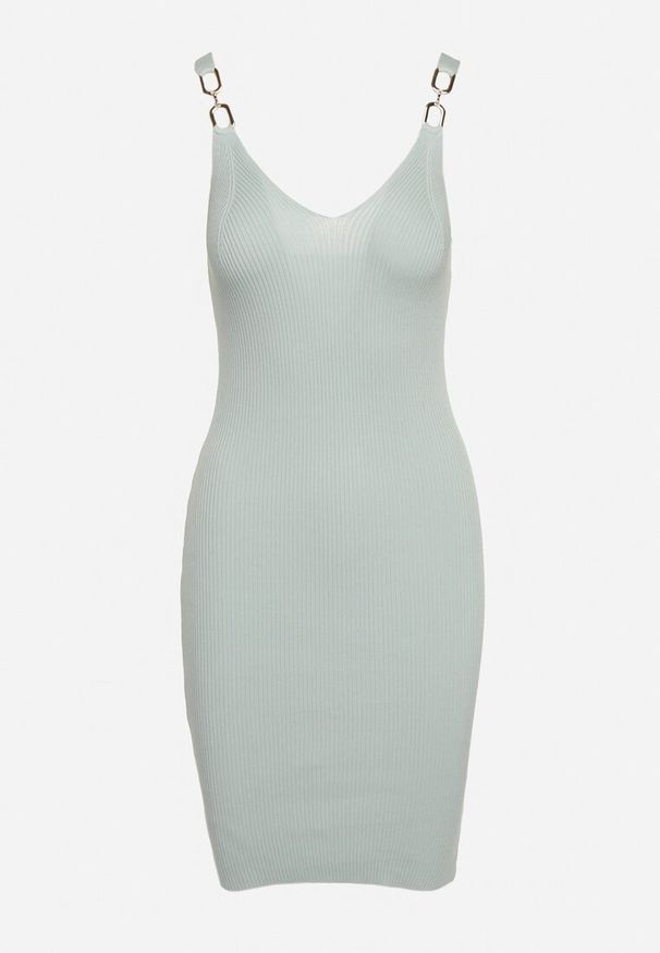 Born2be - Jasnozielona Sukienka Dopasowana z Trójkątnym Dekoltem Ramiączka z Metaliczną Wstawką Sylarisa. Okazja: na co dzień. Kolor: zielony. Materiał: jeans. Długość rękawa: na ramiączkach. Styl: elegancki, casual