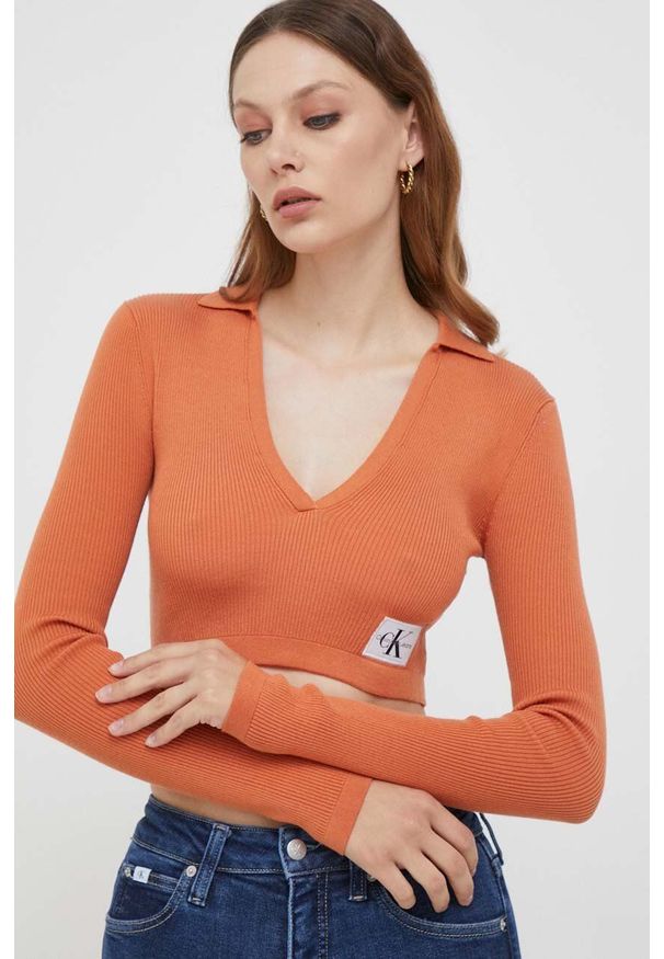 Calvin Klein Jeans longsleeve damski kolor pomarańczowy. Kolor: pomarańczowy. Materiał: dzianina, prążkowany. Długość rękawa: długi rękaw. Długość: długie
