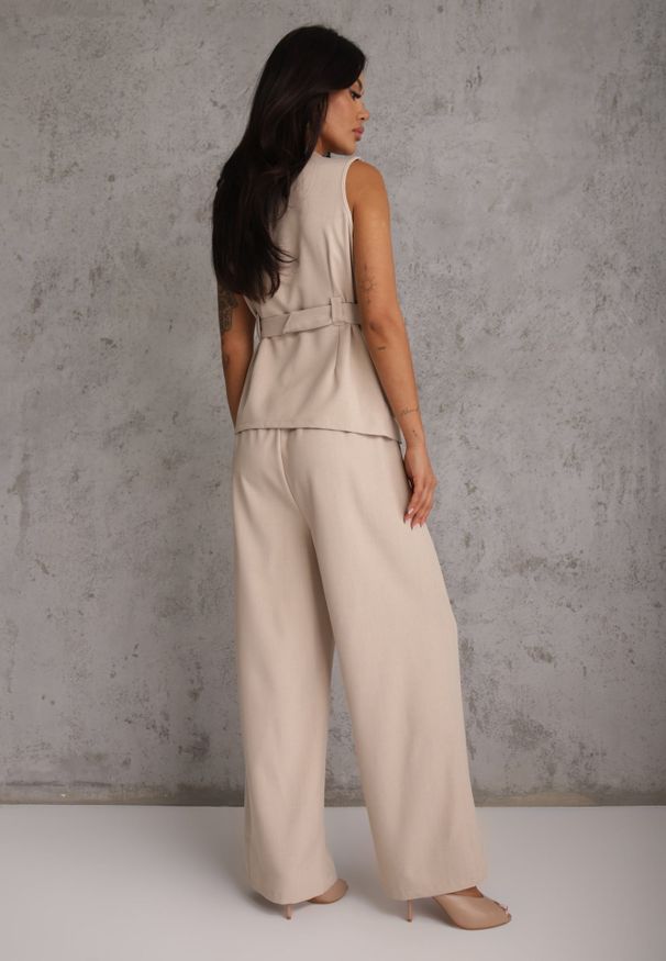 Renee - Beżowy Garniturowy Komplet z Bawełną Spodnie Wide Leg i Kamizelka Utility Aloane. Kolor: beżowy. Materiał: bawełna