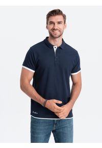 Ombre Clothing - Bawełniana męska koszulka polo z kontrastowymi wykończeniami – granatowa V4. Typ kołnierza: polo. Kolor: niebieski. Materiał: bawełna. Wzór: haft