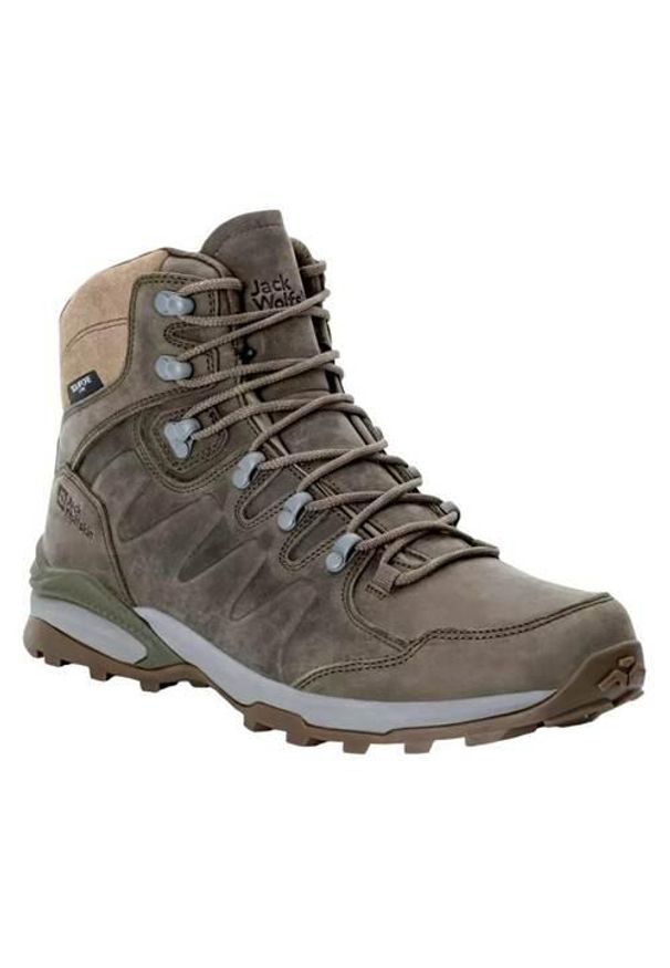 Buty trekkingowe męskie Jack Wolfskin Refugio Prime Texapore Mid. Wysokość cholewki: za kostkę. Zapięcie: sznurówki. Kolor: brązowy. Materiał: skóra. Szerokość cholewki: normalna. Sport: turystyka piesza