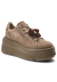 CheBello - Sneakersy damsie Chebello, cholewka ze skóry naturalnej o gładkim wykończeniu z metalowymi przelotkami i sznurowaniem oraz ozdobnymi chwostami, beżow. Okazja: na co dzień. Kolor: beżowy. Materiał: skóra. Szerokość cholewki: normalna. Wzór: gładki. Obcas: na platformie. Styl: casual #2