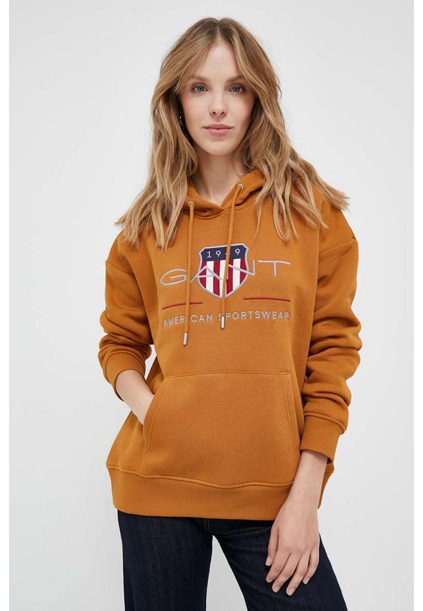 GANT - Gant bluza damska kolor brązowy z kapturem z aplikacją. Typ kołnierza: kaptur. Kolor: brązowy. Wzór: aplikacja
