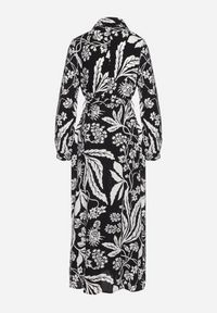 Born2be - Czarno-Biała Koszulowa Sukienka z Roślinnym Wzorem z Wiązanym Paskiem Rosallen. Kolor: czarny. Wzór: aplikacja. Typ sukienki: koszulowe. Długość: maxi #3