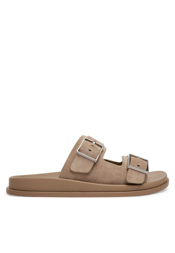 Calvin Klein Klapki City Sandal Buckle Suede HW0HW03130 Beżowy. Kolor: beżowy. Materiał: zamsz, skóra
