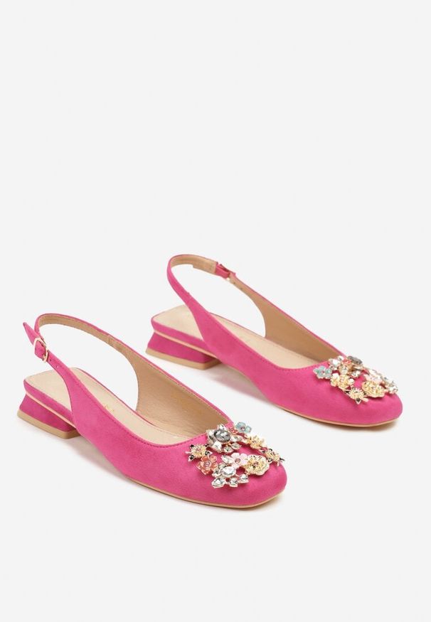 Renee - Fuksjowe Czółenka Slingback Vices z Cyrkoniami i Wkładką ze Skóry Eklina. Okazja: na co dzień. Kolor: różowy. Materiał: skóra. Obcas: na obcasie. Styl: wizytowy, klasyczny, elegancki, casual. Wysokość obcasa: średni