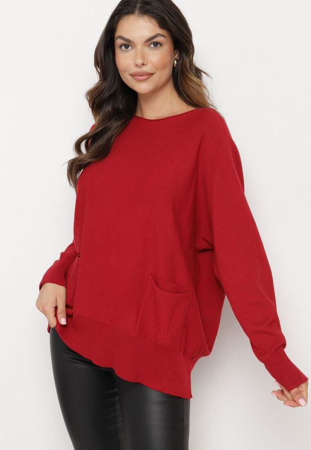 Born2be - Bordowy Sweter z Wiskozą i Kieszeniami Everina. Okazja: na co dzień. Kolor: czerwony. Materiał: wiskoza. Styl: klasyczny, elegancki, casual
