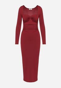 Born2be - Bordowa Dopasowana Sukienka z Ozdobnym Marszczeniem i Rozcięciem Selandris. Kolor: czerwony. Długość rękawa: długi rękaw. Wzór: kolorowy. Typ sukienki: dopasowane. Styl: elegancki #6