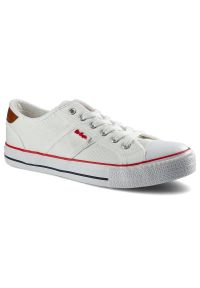Białe Trampki Lee Cooper Męskie Wygodne Obuwie. Kolor: biały. Materiał: materiał, skóra ekologiczna, guma. Szerokość cholewki: normalna. Wzór: aplikacja. Styl: klasyczny