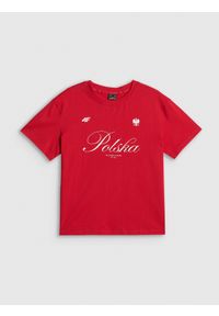 4f - 4F Koszulka kibica damska - czerwona L. Okazja: na co dzień. Kolor: czerwony. Materiał: materiał, bawełna, dzianina. Wzór: nadruk. Styl: casual, klasyczny, sportowy #1