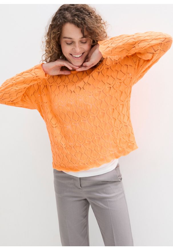 bonprix - Sweter ażurowy oversized z domieszką lnu. Kolor: pomarańczowy. Materiał: len. Wzór: ażurowy