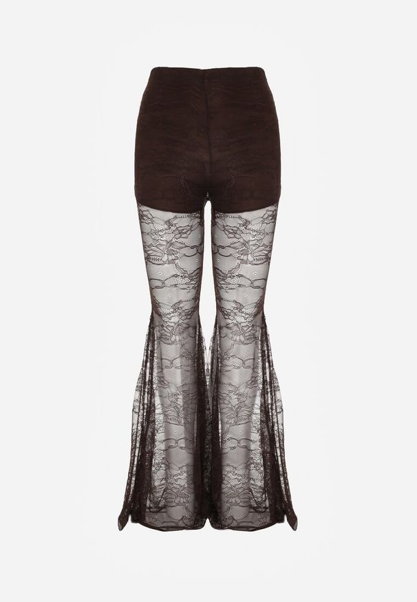 Renee - Brązowe Spodnie High Waist o Kroju Dzwonów z Koronki Ferella. Okazja: na randkę. Stan: podwyższony. Kolor: brązowy. Materiał: koronka. Wzór: koronka. Styl: elegancki, klasyczny
