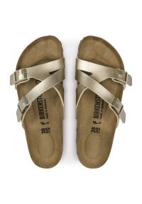 Birkenstock - BIRKENSTOCK Yao Balance BF Gold Klapki damskie. Okazja: na co dzień. Kolor: złoty. Materiał: materiał, skóra. Wzór: paski. Sezon: lato. Styl: casual, elegancki, wakacyjny, klasyczny