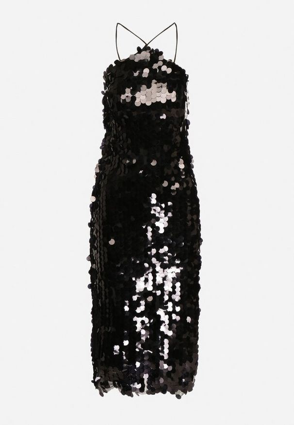 Born2be - Czarna Asymetryczna Sukienka Bogato Zdobiona Cekinami z Wiązaniem na Plecach Lericie. Kolor: czarny. Wzór: aplikacja. Typ sukienki: asymetryczne