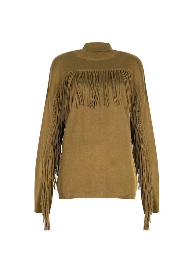 Trussardi Jeans Sweter | 56M001440 | Kobieta | Khaki. Okazja: na co dzień. Typ kołnierza: golf. Kolor: brązowy. Materiał: nylon, akryl, wełna. Długość rękawa: długi rękaw. Długość: długie. Wzór: aplikacja. Styl: casual
