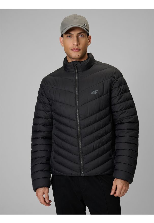 4f - 4F Kurtka z wypełnieniem syntetycznym męska - czarna L. Okazja: na co dzień. Kolor: czarny. Materiał: syntetyk. Wzór: jodełka. Styl: casual