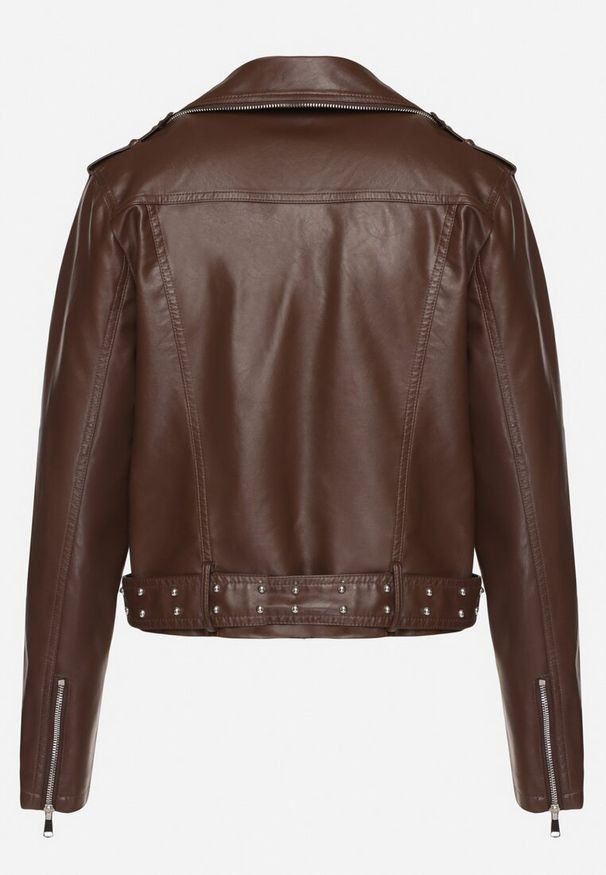 Born2be - Brązowa Kurtka Ramoneska z Paskiem z Klamrą Ralvila. Okazja: na co dzień. Kolor: brązowy. Materiał: wiskoza, materiał, jeans. Długość rękawa: długi rękaw. Długość: długie. Styl: rockowy, elegancki, casual