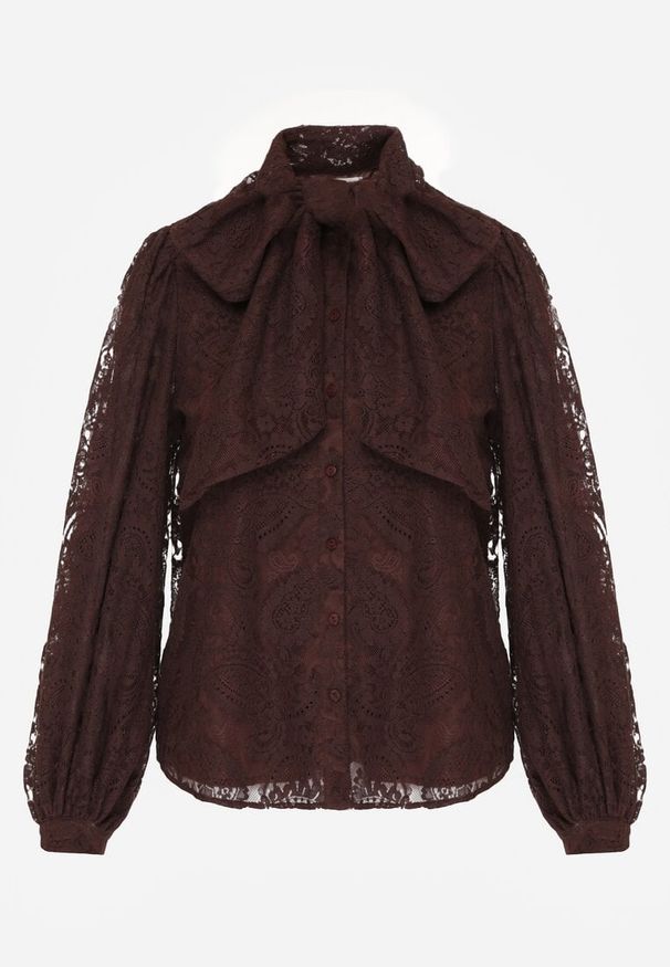 Born2be - Brązowa Koronkowa Koszula z Bufiastymi Rękawami i Kokardą przy Dekolcie Sewane. Okazja: na co dzień, do pracy, na spotkanie biznesowe. Typ kołnierza: kokarda. Kolor: brązowy. Materiał: koronka. Styl: biznesowy, casual, elegancki