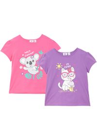 bonprix - T-shirt dziewczęcy (2 szt. w opak.). Kolor: fioletowy. Długość rękawa: krótki rękaw. Długość: krótkie. Wzór: nadruk #1