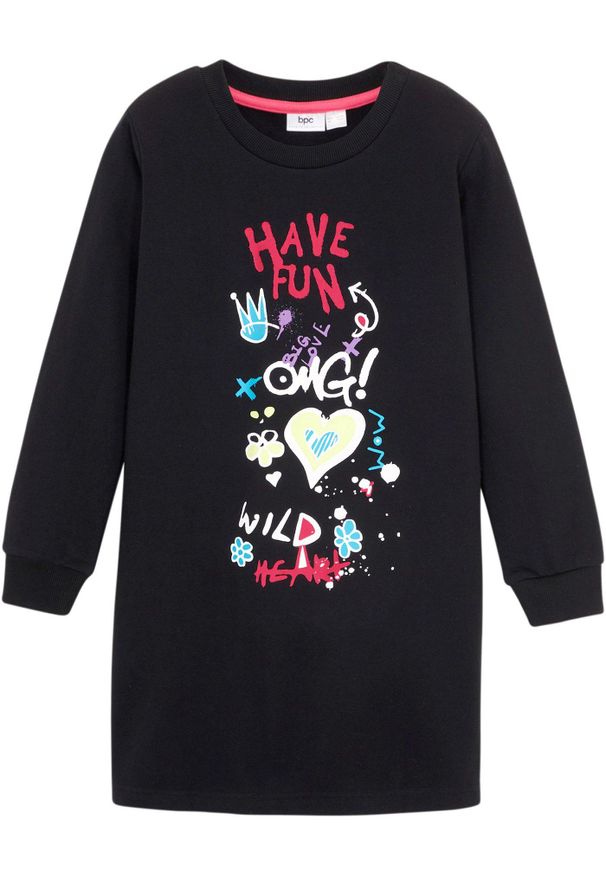 bonprix - Sukienka dresowa z czystej bawełny dresowej. Kolor: czarny. Materiał: bawełna, dresówka. Wzór: nadruk