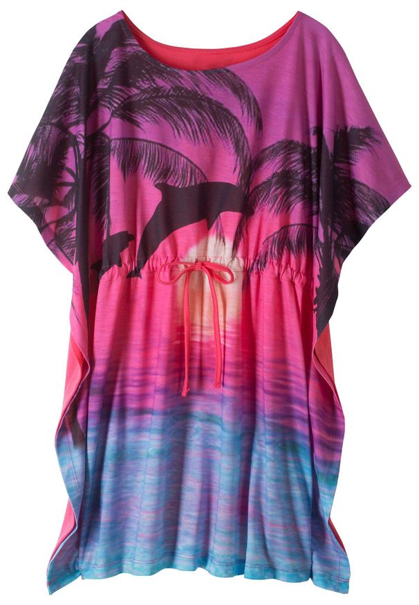 bonprix - Sukienka dziewczęca tunikowa. Okazja: na plażę. Kolor: różowy. Materiał: materiał. Wzór: nadruk, aplikacja. Styl: elegancki