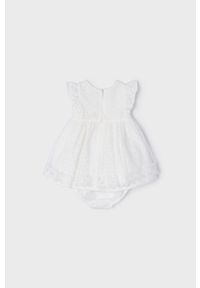 Mayoral Newborn sukienka niemowlęca kolor beżowy mini rozkloszowana. Kolor: beżowy. Długość rękawa: krótki rękaw. Typ sukienki: rozkloszowane. Długość: mini