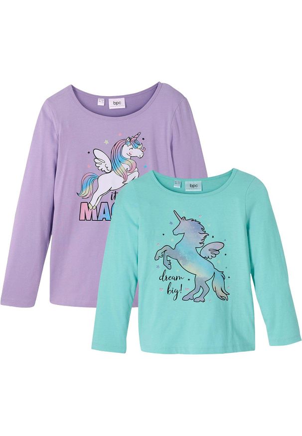 bonprix - Shirt z długim rękawem (2 szt.), z czystej bawełny organicznej. Kolor: fioletowy. Materiał: bawełna. Długość rękawa: długi rękaw. Długość: długie. Wzór: nadruk