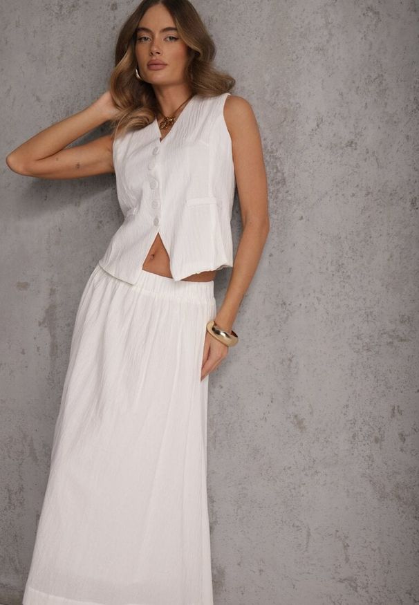 Renee - Biały Komplet z Bawełny Kamizelka i Spódnica o Rozkloszowanym Kroju Movenae. Kolor: biały. Materiał: bawełna. Wzór: geometria