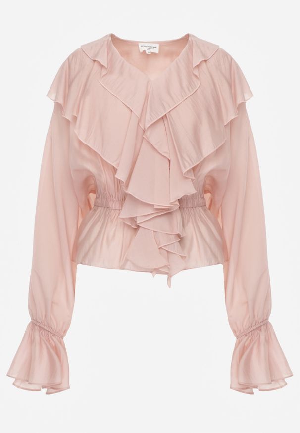 Renee - Różowa Bluzka w Typie Boho Ozdobiona Falbanami Sarlyss. Okazja: na co dzień. Typ kołnierza: dekolt w kształcie V. Kolor: różowy. Materiał: jeans. Długość rękawa: długi rękaw. Długość: długie. Wzór: aplikacja. Styl: boho