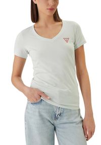Guess - GUESS Miętowy damski t-shirt na krótki rękaw V-Neck Mini Triangle, Rozmiar L. Okazja: na co dzień. Typ kołnierza: dekolt w serek. Kolor: niebieski. Długość rękawa: krótki rękaw. Długość: krótkie. Styl: elegancki, casual #3