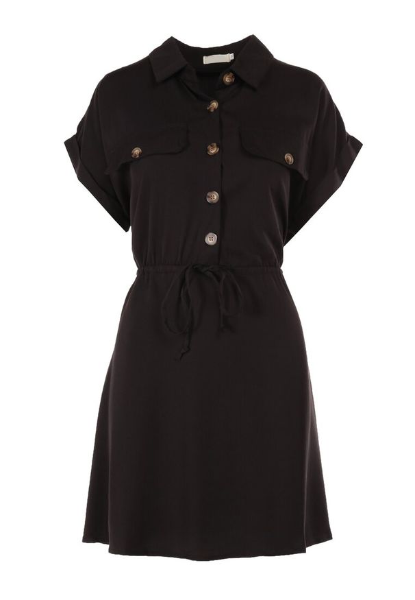 Born2be - Czarna Sukienka Priaphelous. Kolor: czarny. Materiał: bawełna, tkanina. Długość rękawa: krótki rękaw. Wzór: aplikacja. Typ sukienki: rozkloszowane, koszulowe. Długość: mini